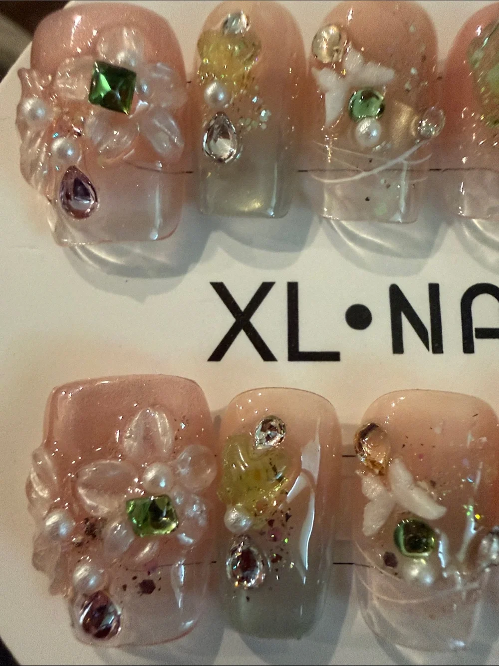 Pink and green Pearl Floral handmade acrylic Press-On Nail Set